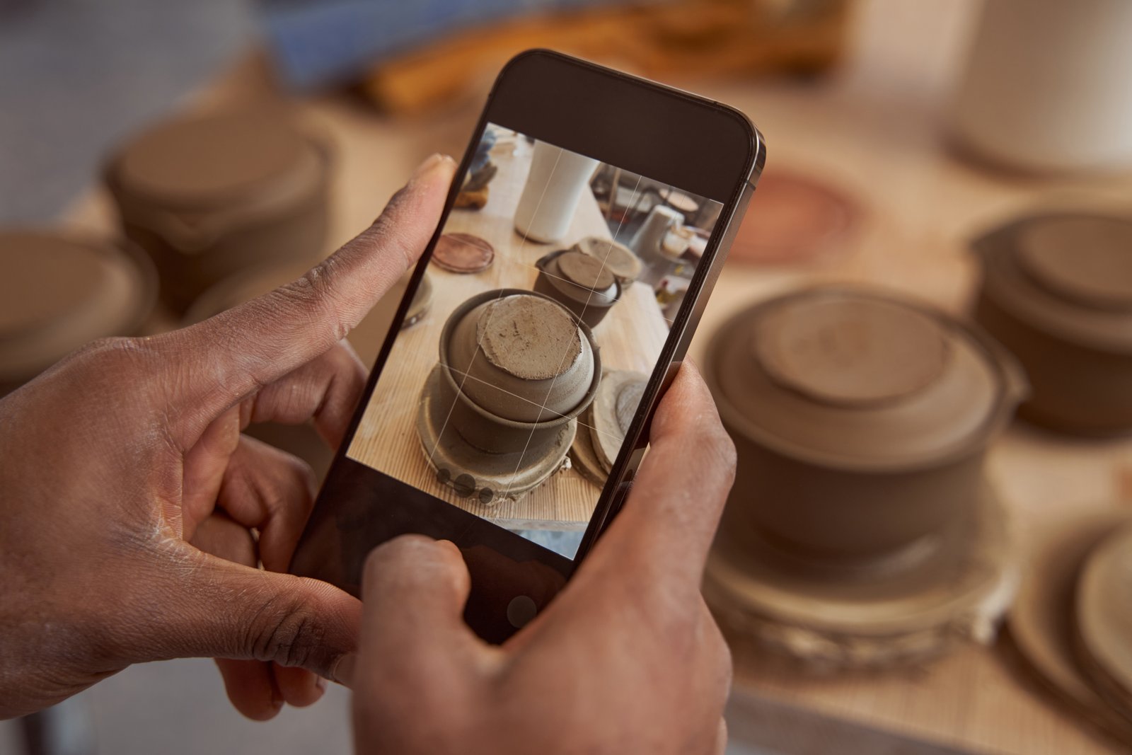 A small business owner filming a close-up of their hands working on a product with a phone propped on a small tripod, natural light coming in from a nearby window