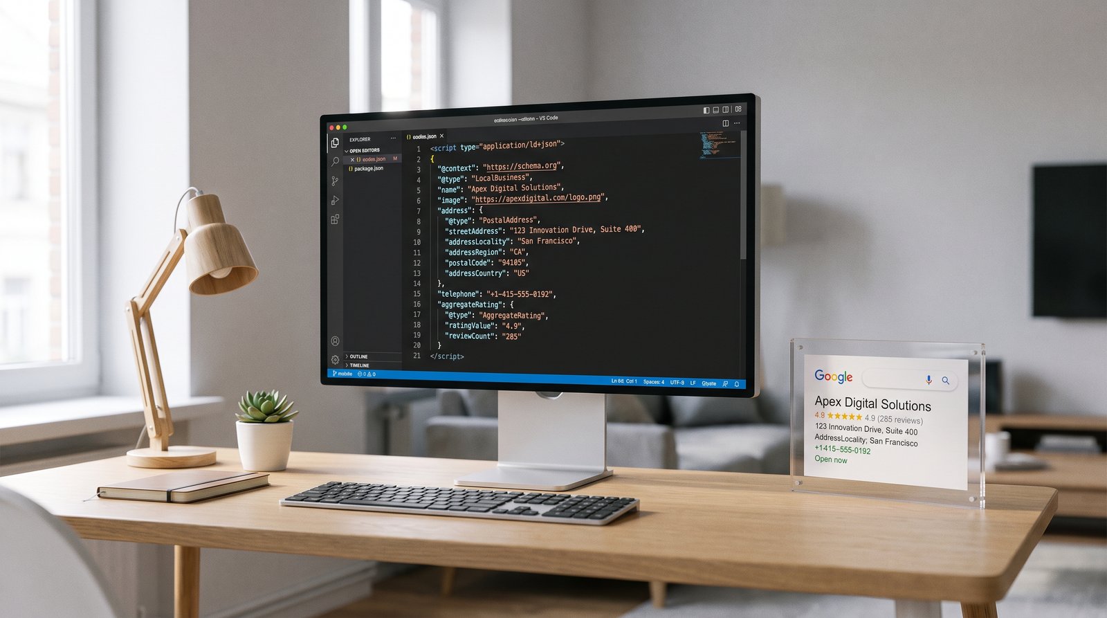 A small business owner looking at their website on a laptop next to a phone showing a Google search result with star ratings and business hours visible