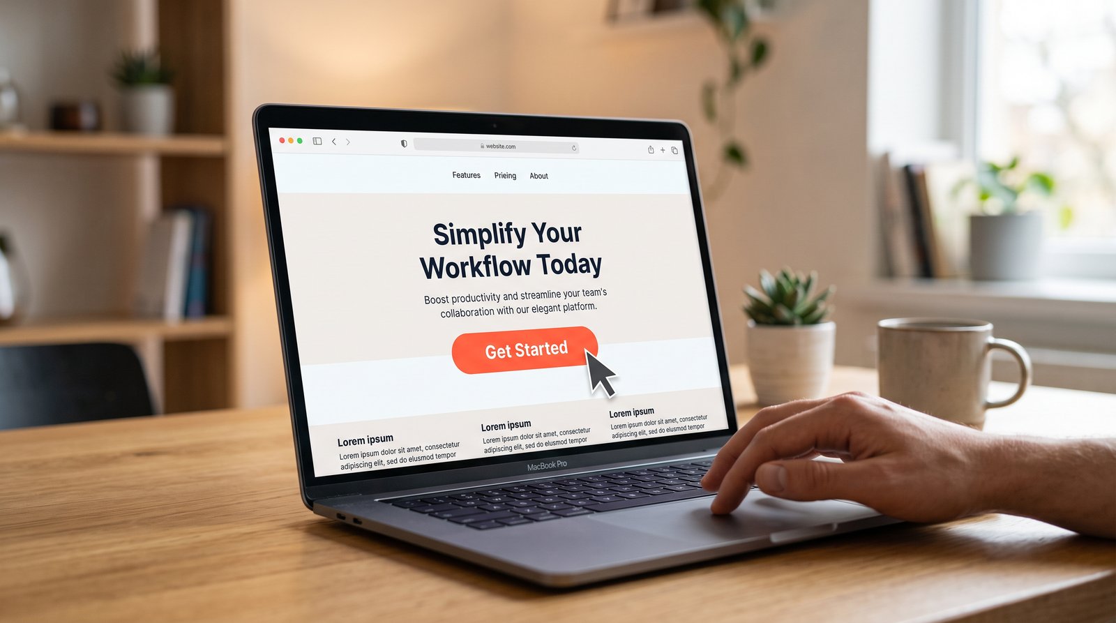 A small business owner smiling while looking at a laptop showing a simple, clean website with a clear button visible on the screen.