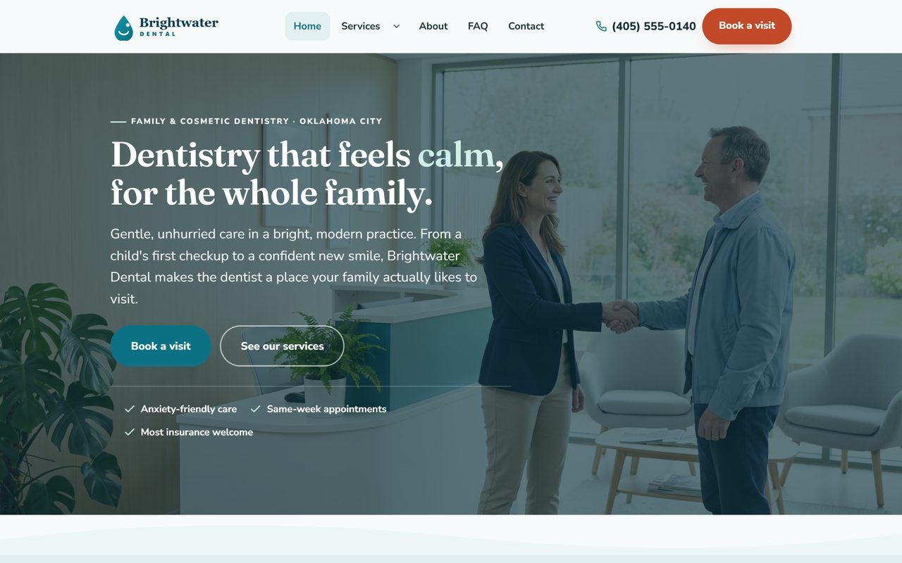Homepage of the Brightwater Dental website