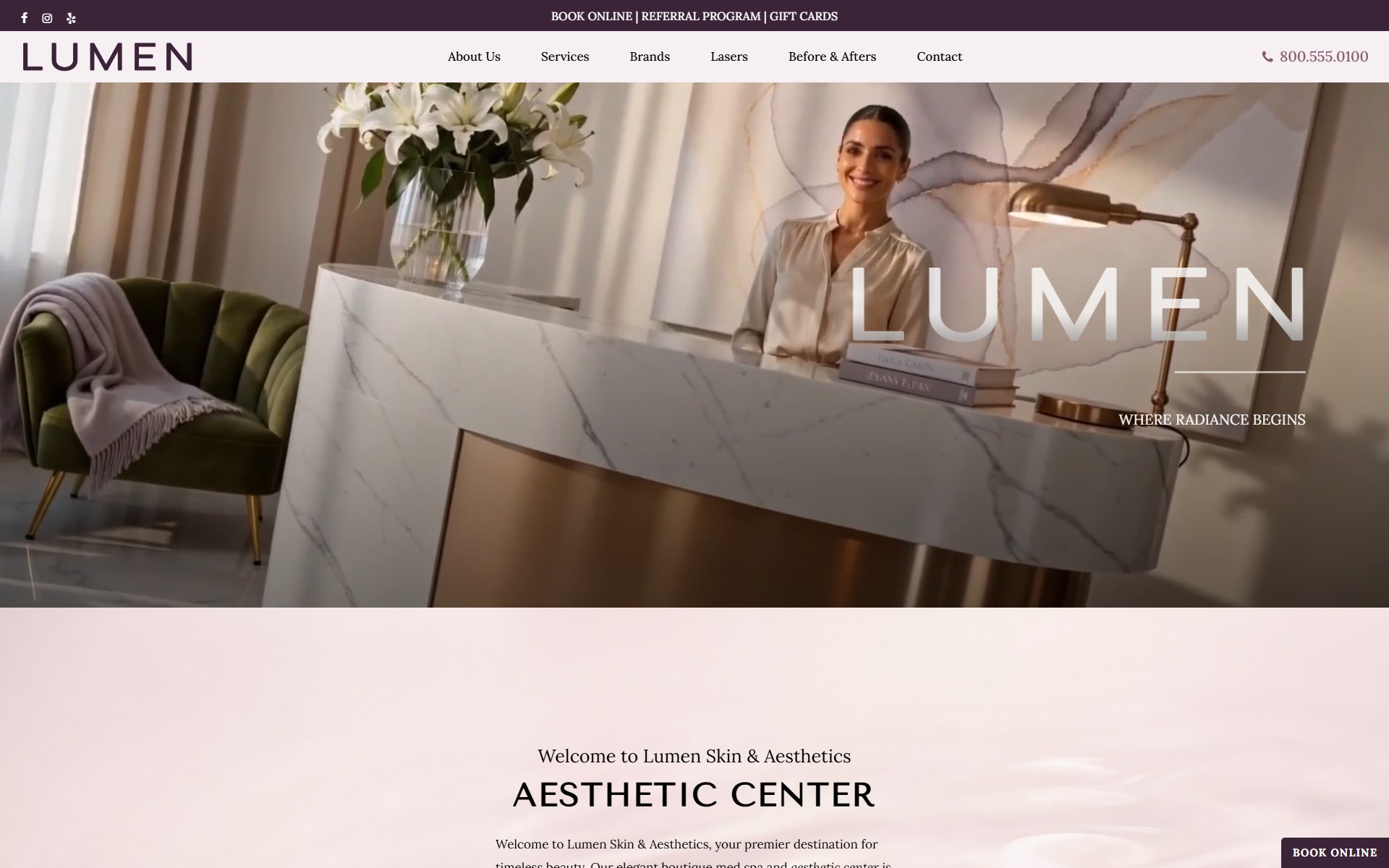 Homepage of the Lumen Skin & Aesthetics website