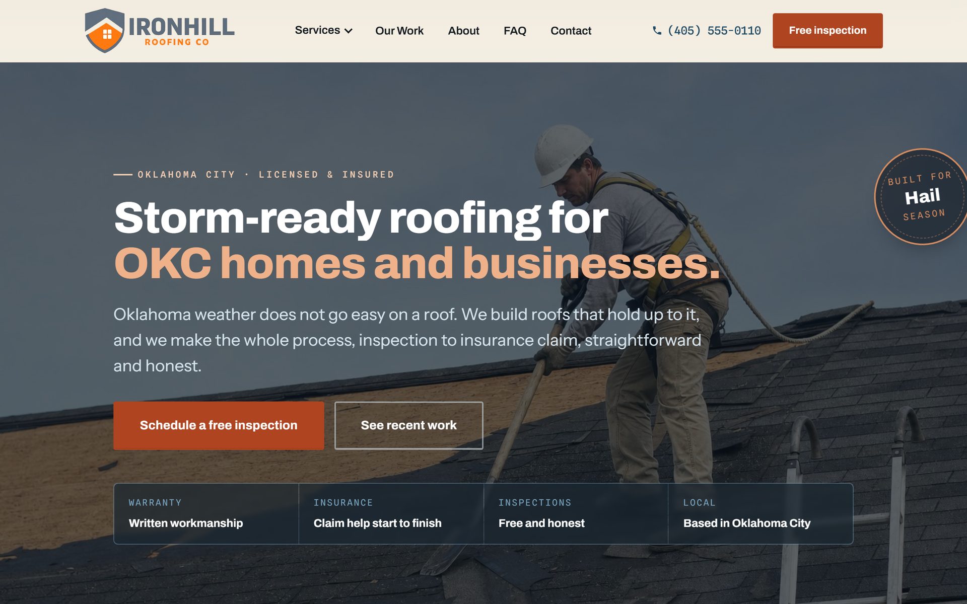 Homepage of the Ironhill Roofing Co. website