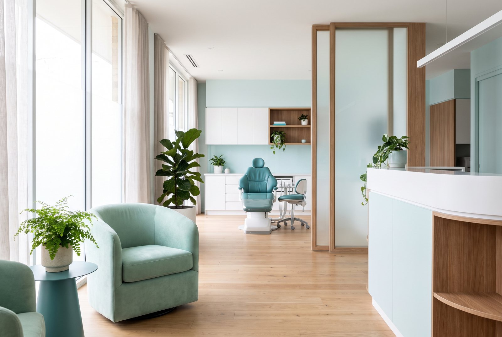 A bright, calm modern dental treatment room with natural light and warm wood cabinetry