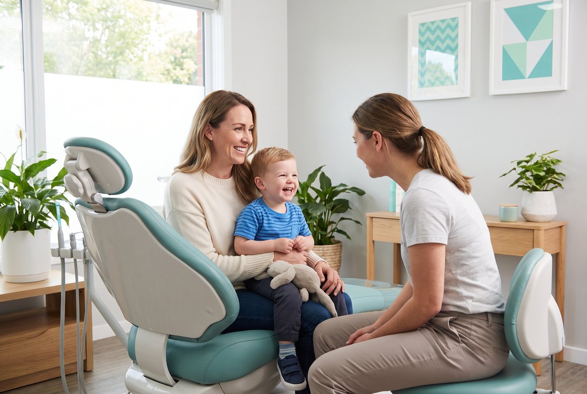 A smiling mother with her two children in a bright dental waiting area
