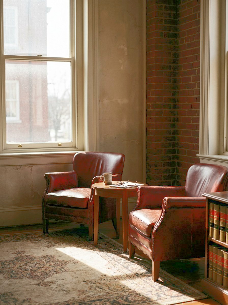 Two chairs and a small table in the Merriweather Law meeting corner
