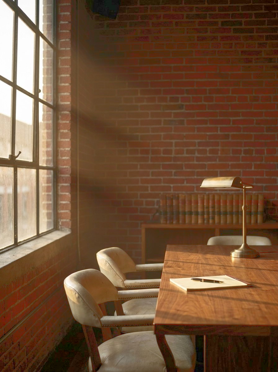 Late afternoon light across the table in the Merriweather Law conference room