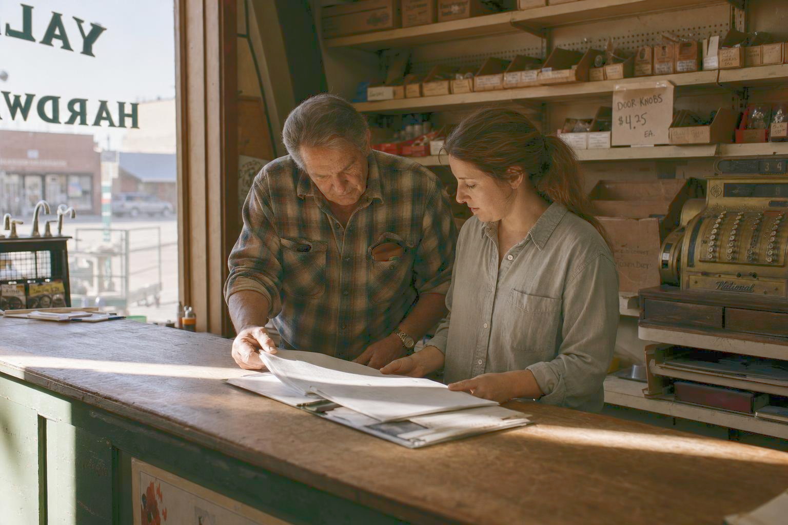 A hardware store owner and his daughter reading paperwork together at the counter