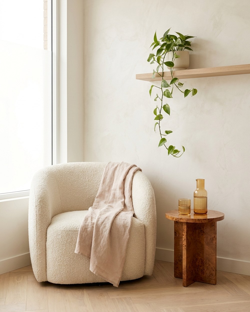 A cream boucle chair with a folded blush throw beside a burl side table holding a glass carafe and tumbler