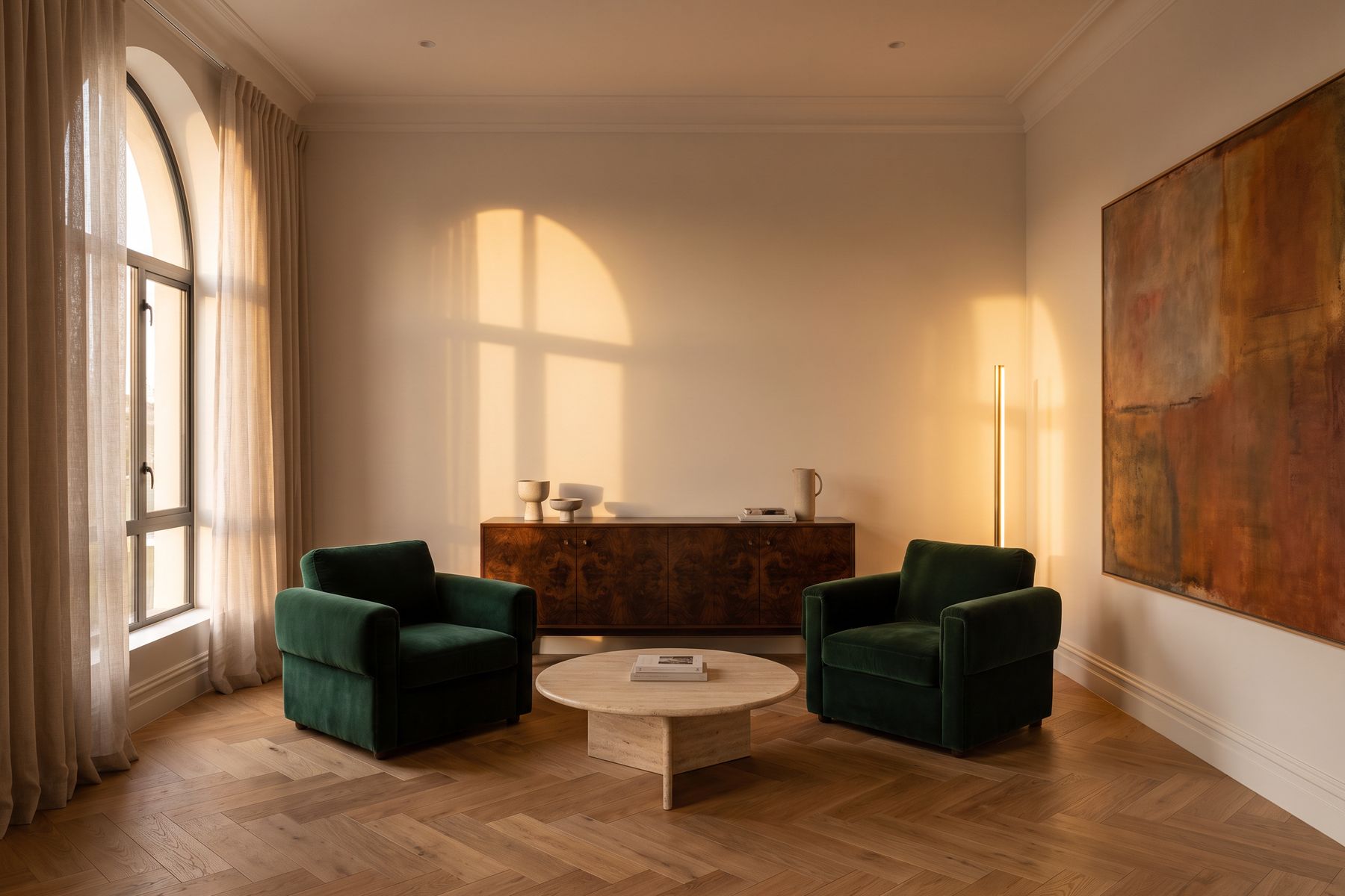 The Lumen consultation lounge, two deep green velvet armchairs around a travertine table in afternoon light