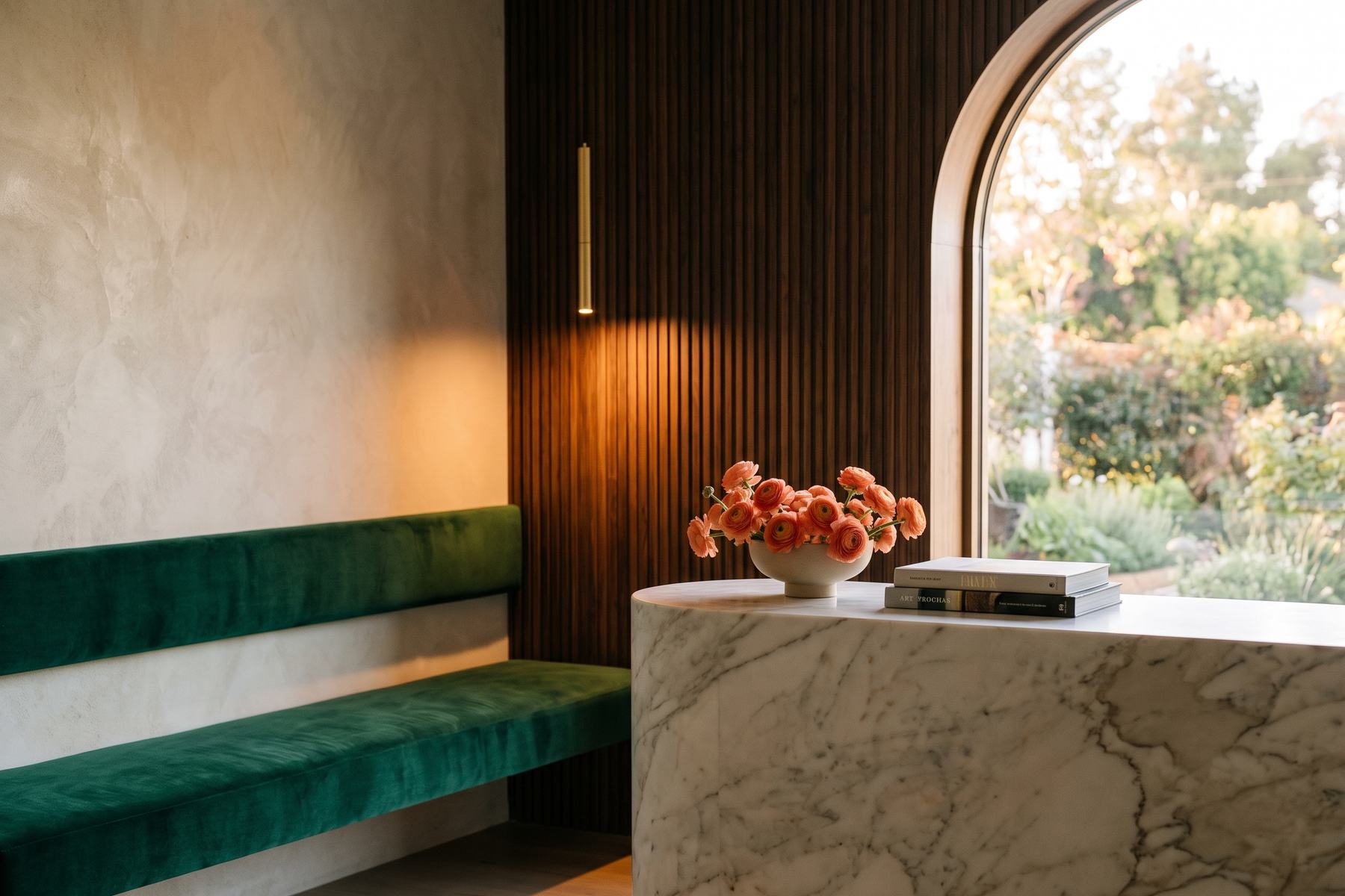 The reception counter at Lumen, marble with fresh ranunculus, beside a velvet bench and an arched garden window