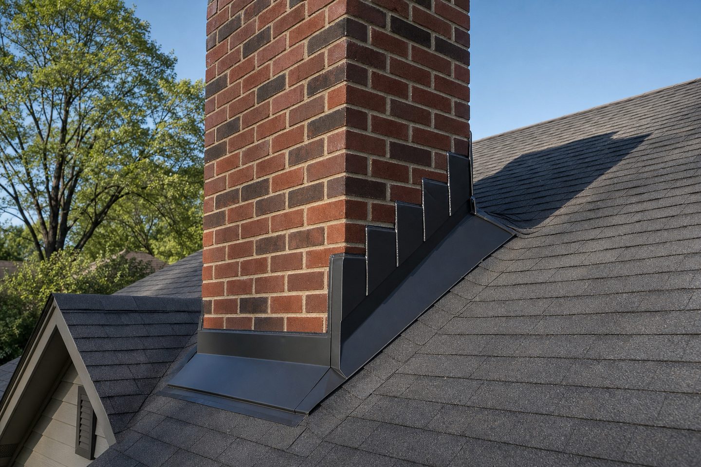 A brick chimney through a shingle roof with new step and counter-flashing
