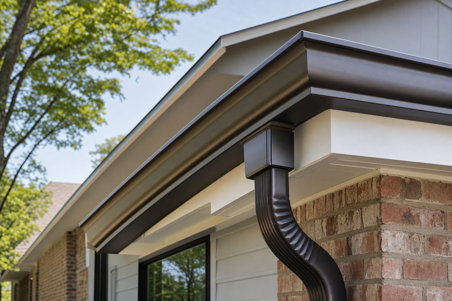 New dark bronze seamless aluminium gutter and downspout along a roof eave