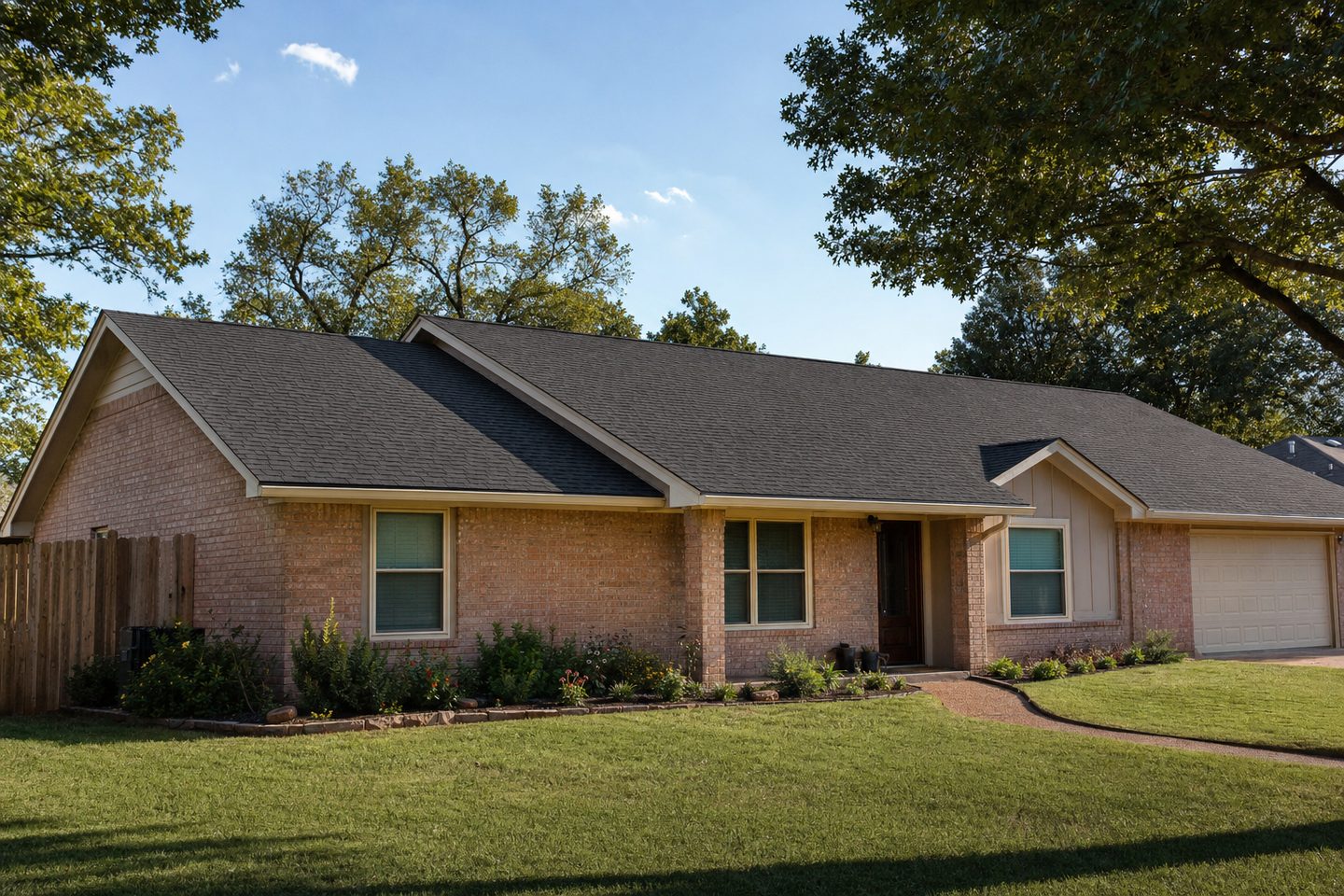 A brick ranch home with a newly finished charcoal architectural shingle roof
