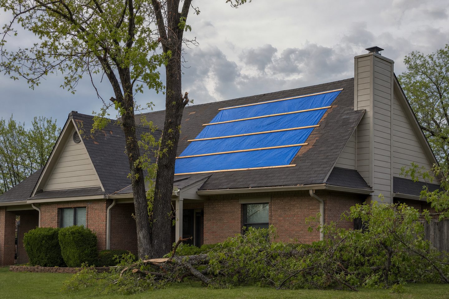 A roof with wind-stripped shingles covered by a taut blue emergency tarp