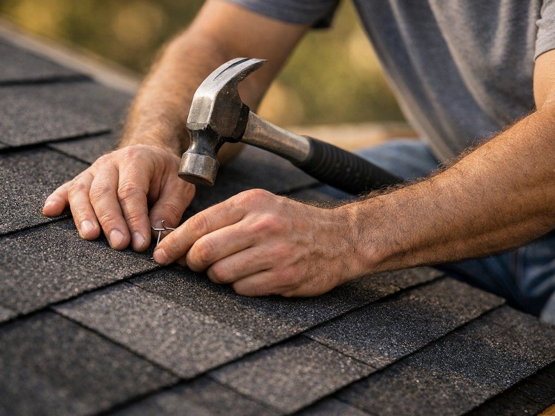 Close-up of a roofer's hands hand-nailing a new course of charcoal shingles