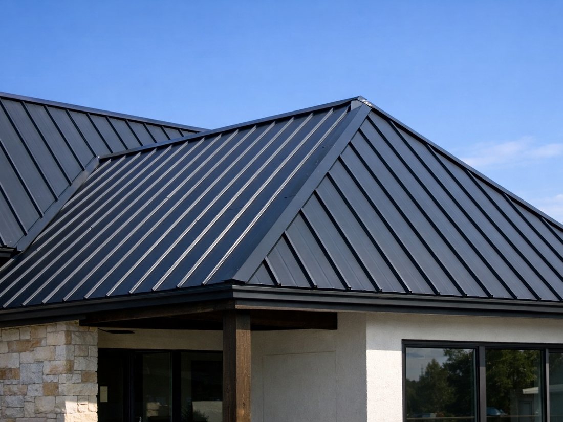 A premium steel standing-seam metal roof on a modern Oklahoma home under a blue sky