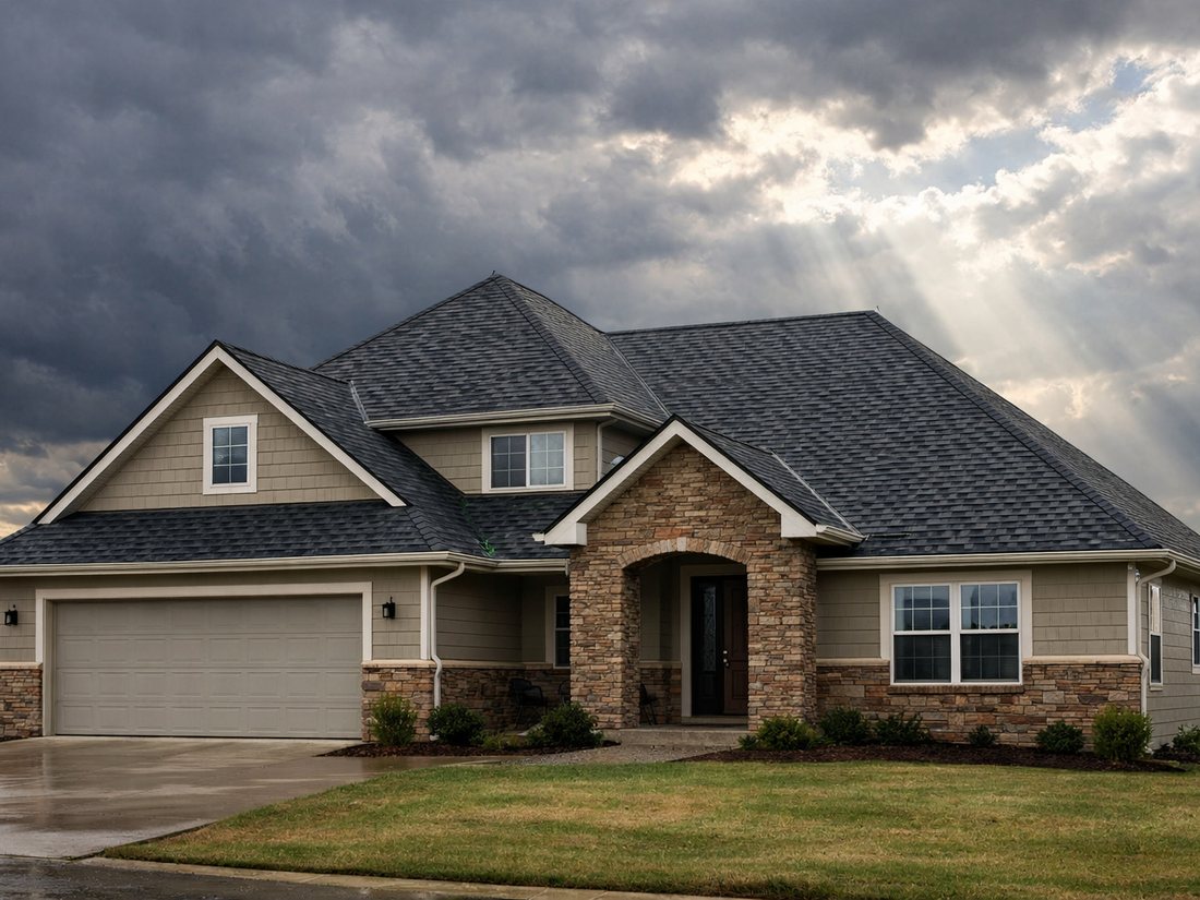 A finished suburban home with new charcoal architectural shingles under a clearing storm sky